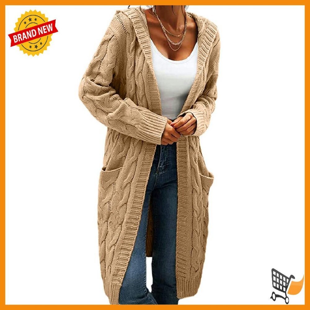 Chunky Cable Knit Hooded Cardigan Sweater Coat with Pockets